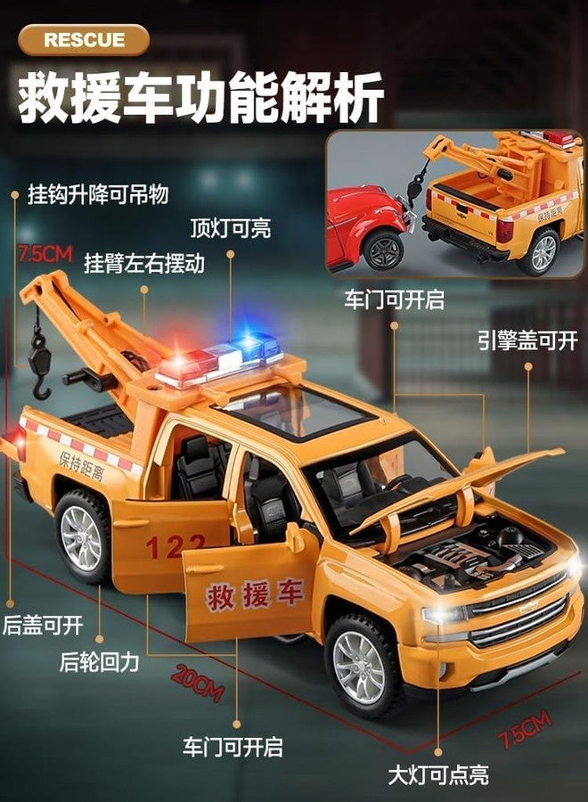 KING FORU Scale Exclusive Alloy Metal Pull Back Die-cast Car Model with Sound Light Mini Auto Toy for Kids Metal Model Toy Car with Sound and Light (1.28 Scale CHEV-ROLET Pickup Truck Trailer-Yellow) - Image 2